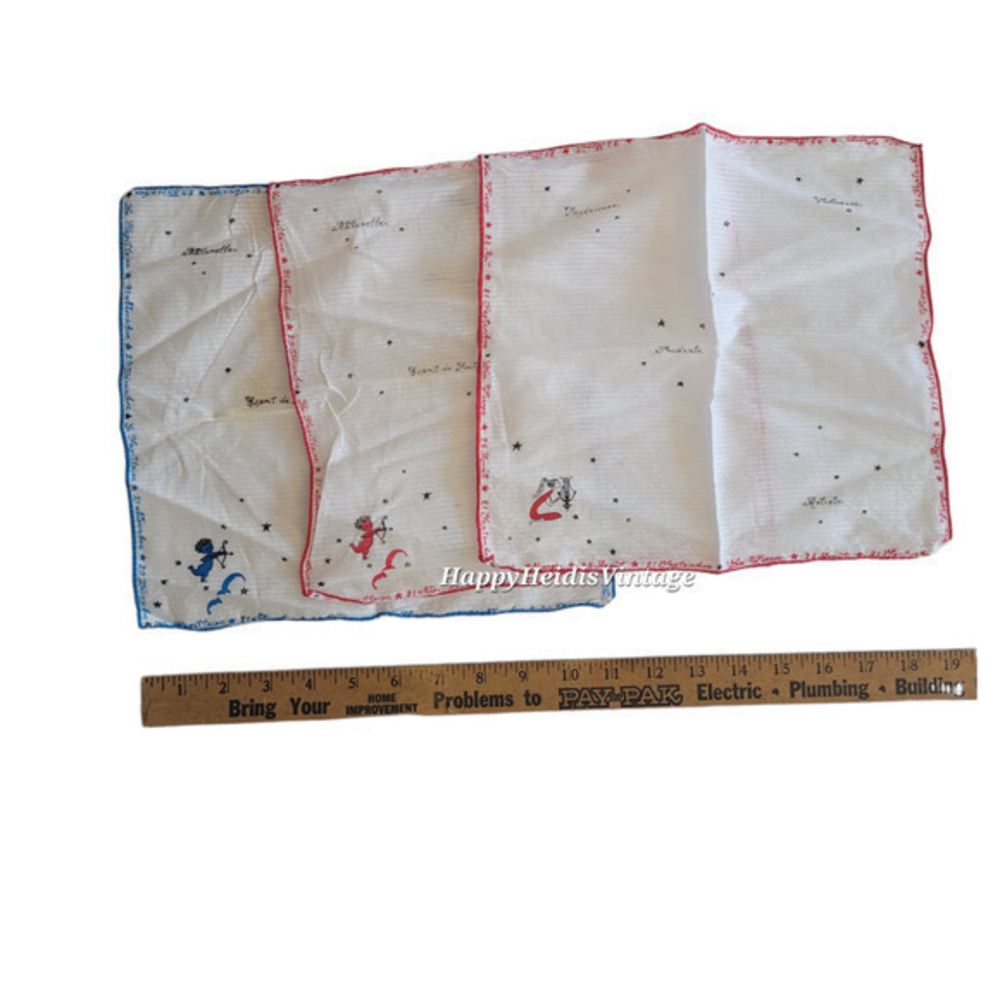 Vintage Zodiac‎ Red White and Blue Hand Rolled Cotton 3 Handkerchief lot